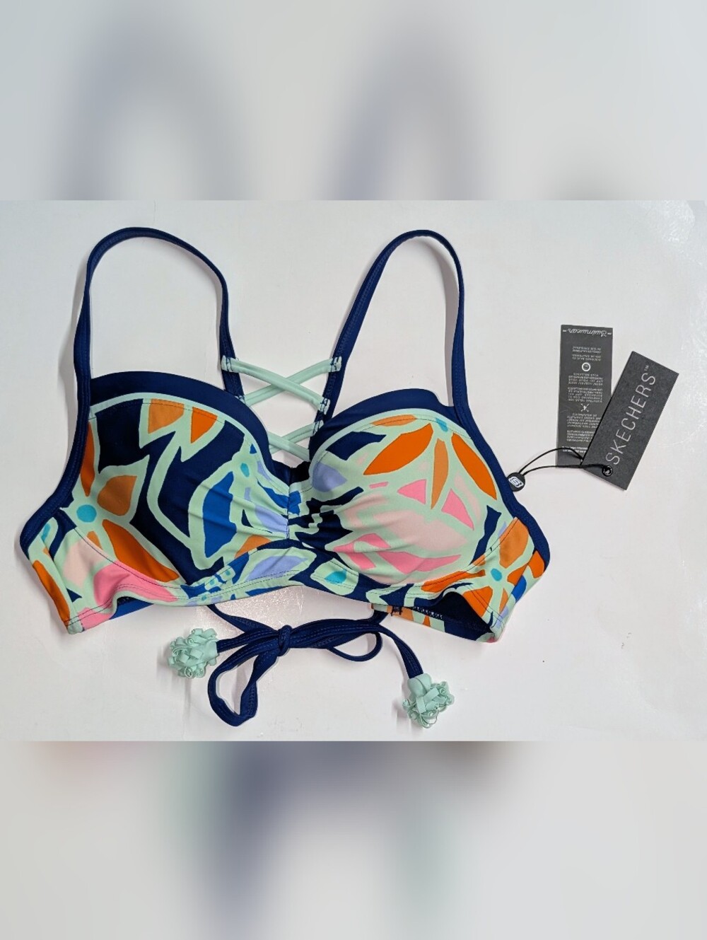 NWT Skechers Multicolor Floral-Print Swim Top with Navy Trim